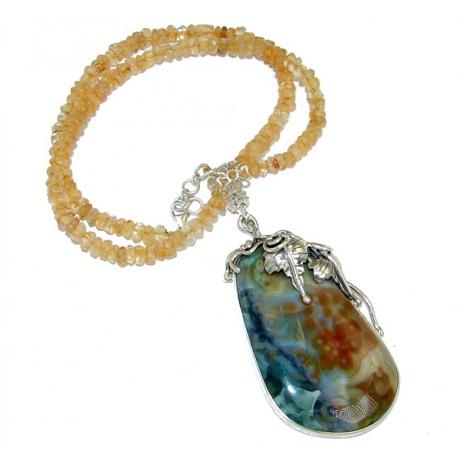 Oversized Golden Ocean Jasper Citrine Beads Sterling Silver Necklace