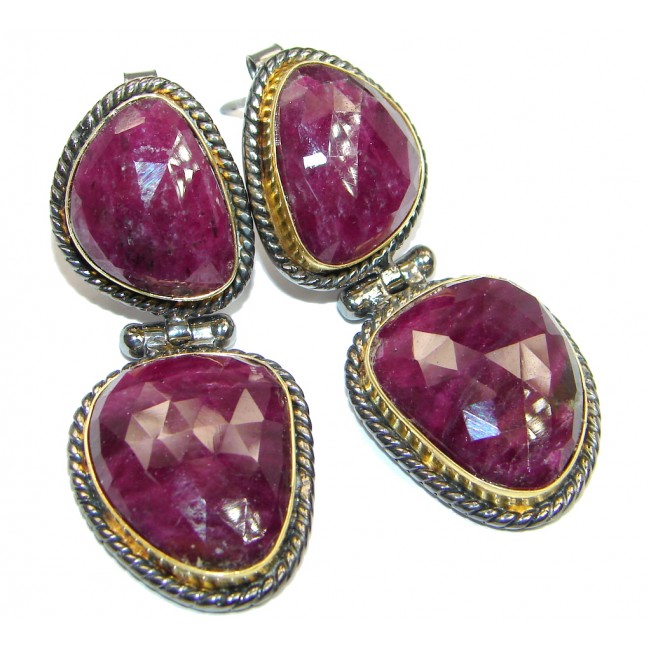 Trendy Ruby 18ct Gold Rhodium plated over Sterling Silver handmade stud earrings