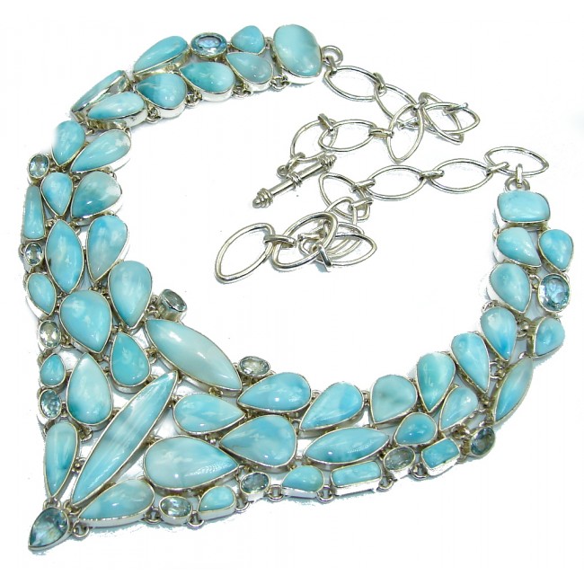 Huge Caribbean Style AAA+ Blue Larimar Swiss Blue Topaz Sterling Silver necklace