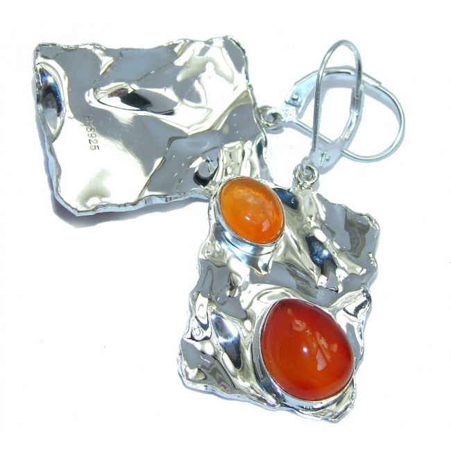 Perfect Orange Mexican Fire Opal Carnelian hammered Sterling Silver earrings