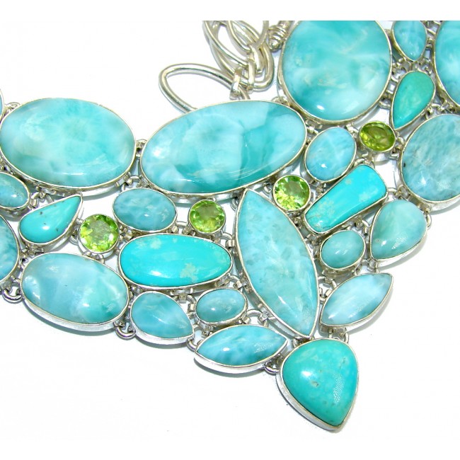 Huge Caribbean Style AAA+ Blue Larimar Turquoise Peridot Sterling Silver necklace