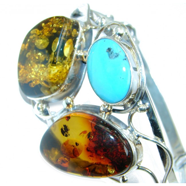 Beautiful Genuine Handcrafted Polish Amber Turquoise Sterling Silver Bracelet / Cuff
