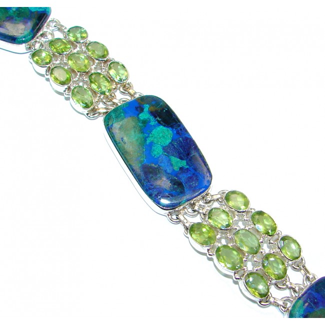 Blue Ocean Authentic Azurite Peridot Sterling Silver Bracelet