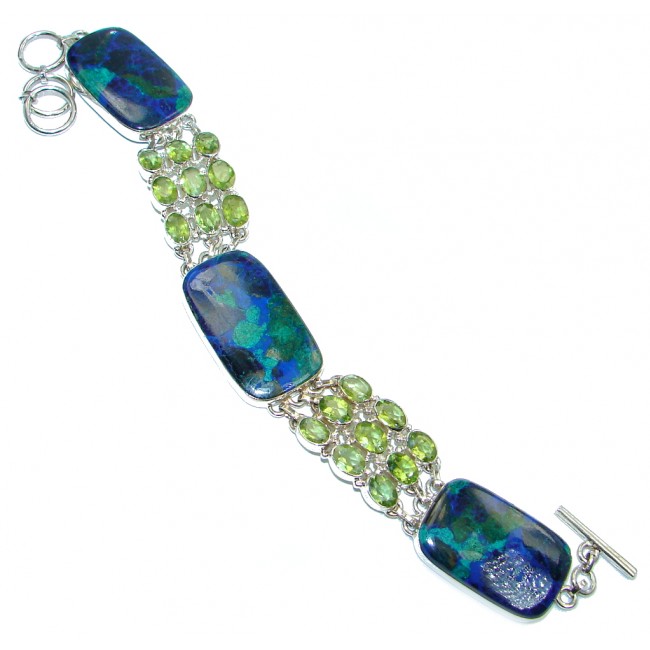 Blue Ocean Authentic Azurite Peridot Sterling Silver Bracelet
