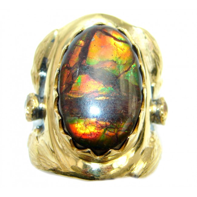 Authentic Canadian Orange Fire Ammolite 18 ct Gold plated Sterling Silver ring size adjustable