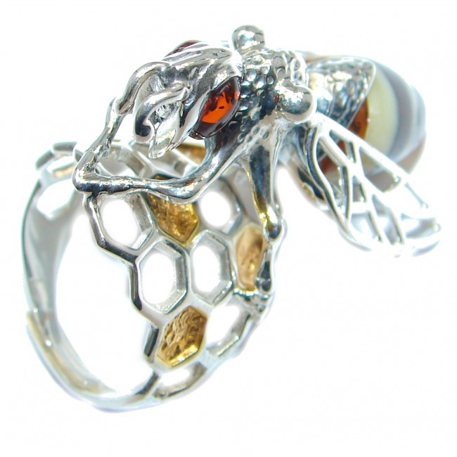 Huge Genuine Baltic Polish Amber 18 ct Gold plated over Sterling Silver handmade Ring size 8 1/4