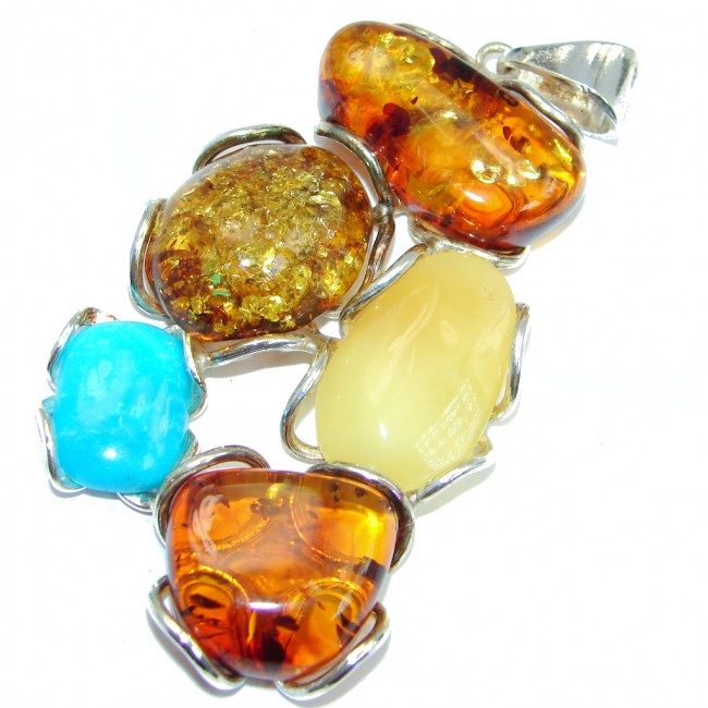 Natural Beauty Baltic Polish Amber & Turquoise Sterling Silver handmade Pendant