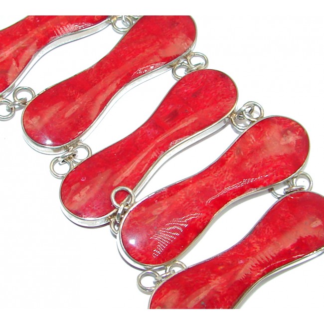 Huge Precious Red Fossilized Coral Sterling Silver handmade Bracelet