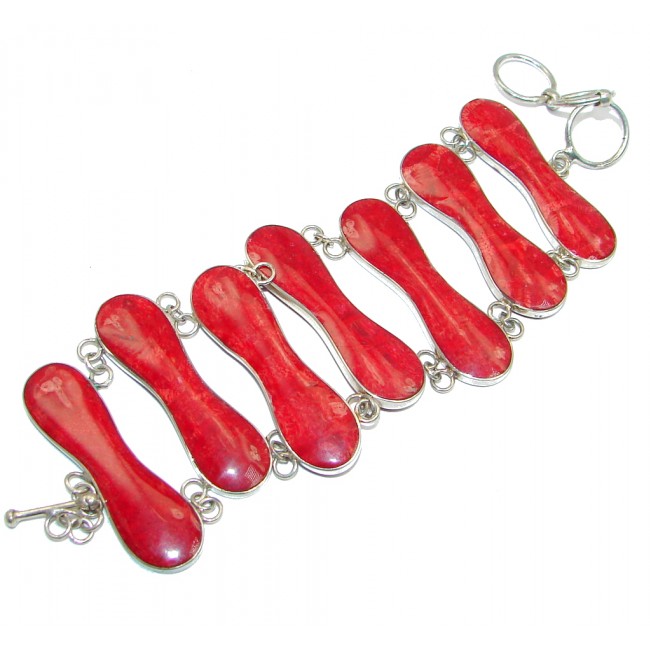 Huge Precious Red Fossilized Coral Sterling Silver handmade Bracelet