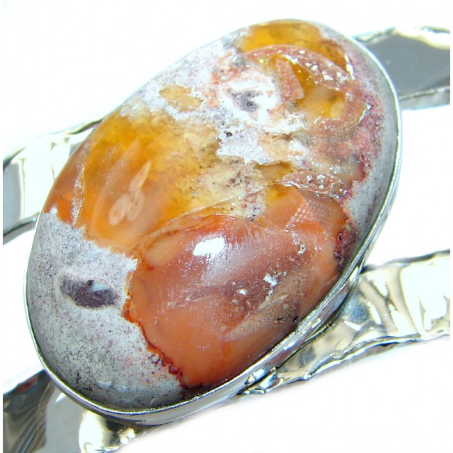 One of the kind quality Mexican Fire Opal hammered Sterling Silver Bracelet / Cuff