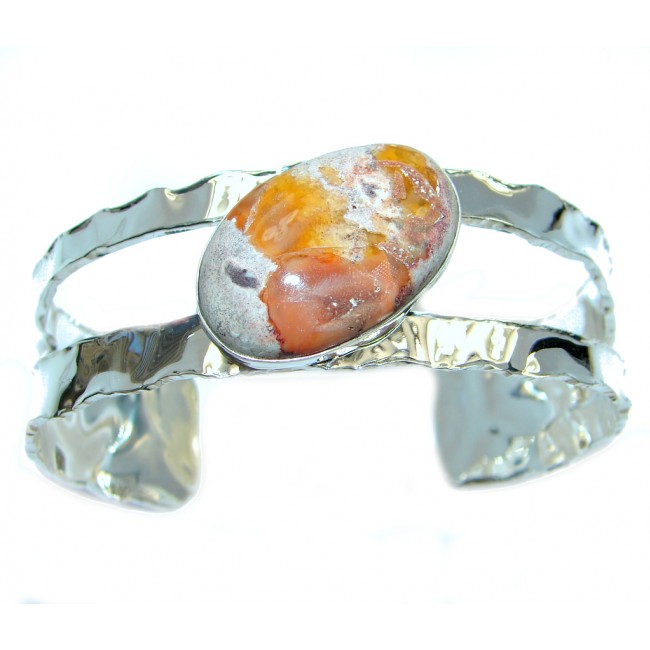 One of the kind quality Mexican Fire Opal hammered Sterling Silver Bracelet / Cuff