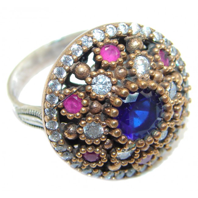 Created Blue Sapphire & White topaz Sterling Silver Ring s. 7 3/4
