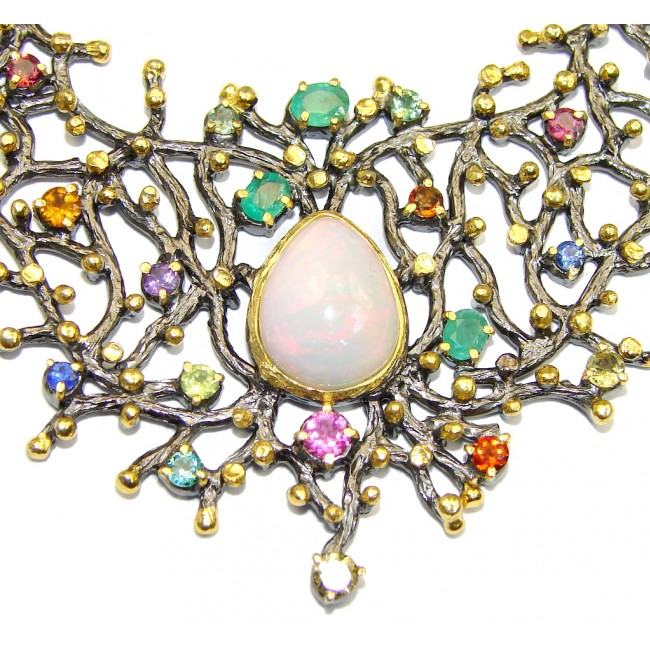 28 ct Authentic Ethiopian Opal Columbian Emeralds Gold Rhodium plated over Sterling Silver handmade necklace