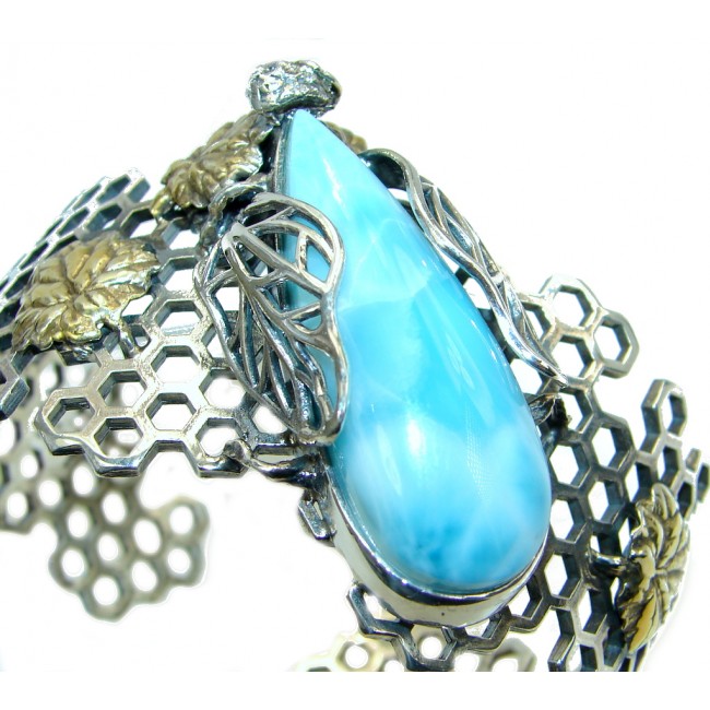 Fancy Bug Genuine Blue Larimar Two Tones Oxidized Sterling Silver handmade Bracelet Cuff