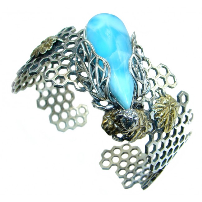 Fancy Bug Genuine Blue Larimar Two Tones Oxidized Sterling Silver handmade Bracelet Cuff