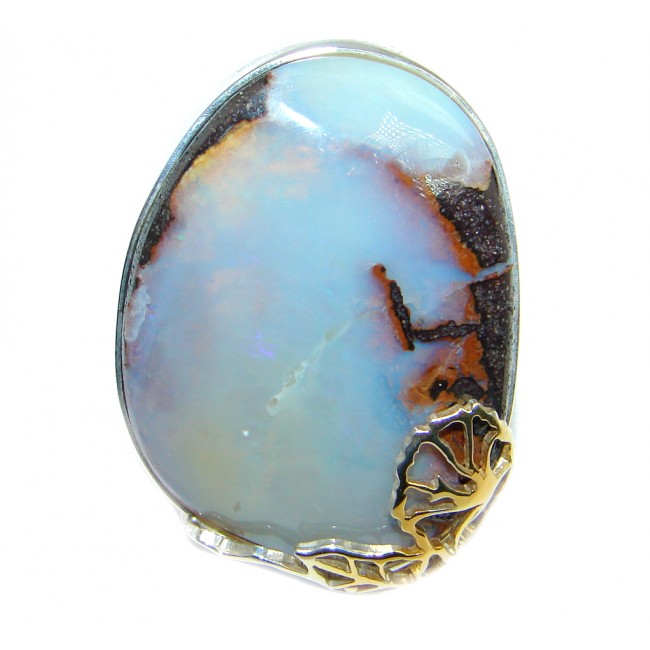 Classic Boulder Opal Two Tones Sterling Silver handcrafted ring size adjustable