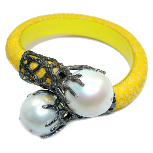 Rare Baroque Pearl 925 Sterling Silver Stingray Leather Bangle bracelet Handmade
