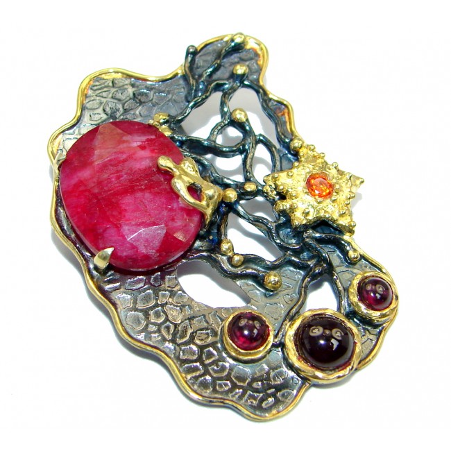 Huge Ruby Garnet Gold plated over Sterling Silver handmade Pendant