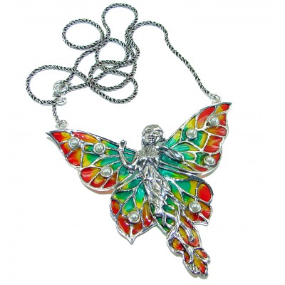 Awesome Flying Fairy Natural Enamel .925 Silver handcrafted Necklace