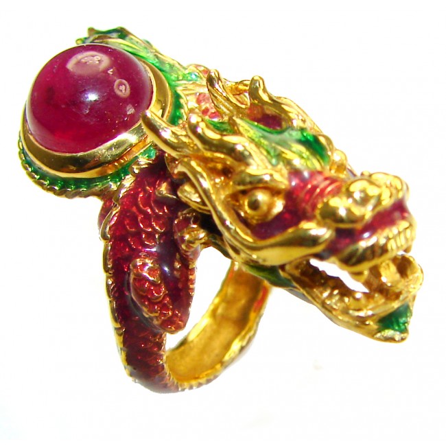 Dragon - symbolizes supernatural power- Enamel Ruby 18K Gold over .925 Sterling Silver Huge handcrafted Ring s. 8