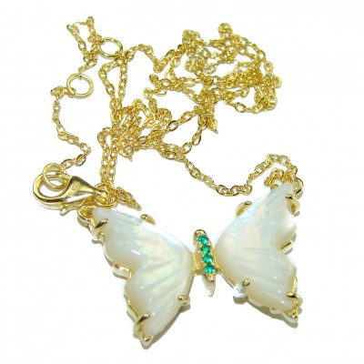 Precious butterfly Blister Pearl Emerald 14K Gold over .925 Sterling Silver Necklace