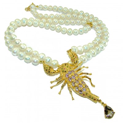 Precious Scorpio 16 inches Long genuine Pearl 14K Gold over .925 Sterling Silver handcrafted Necklace