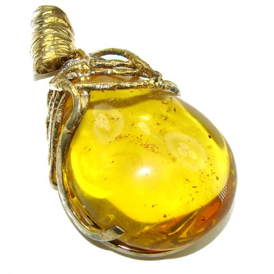 Huge Golden Honey Drop Baltic Amber 14K Gold over .925 Sterling Silver handmade Pendant