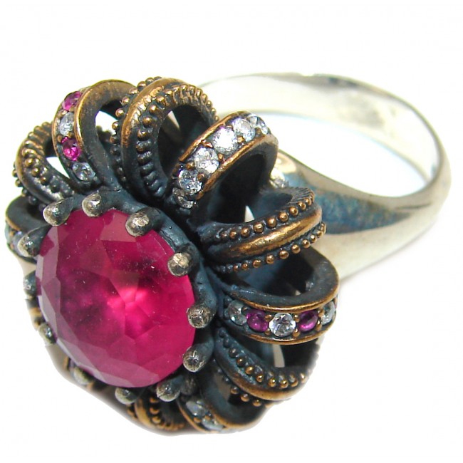 Victorian Style created Ruby & White Topaz Copper over Sterling Silver ring; s. 9 1/4