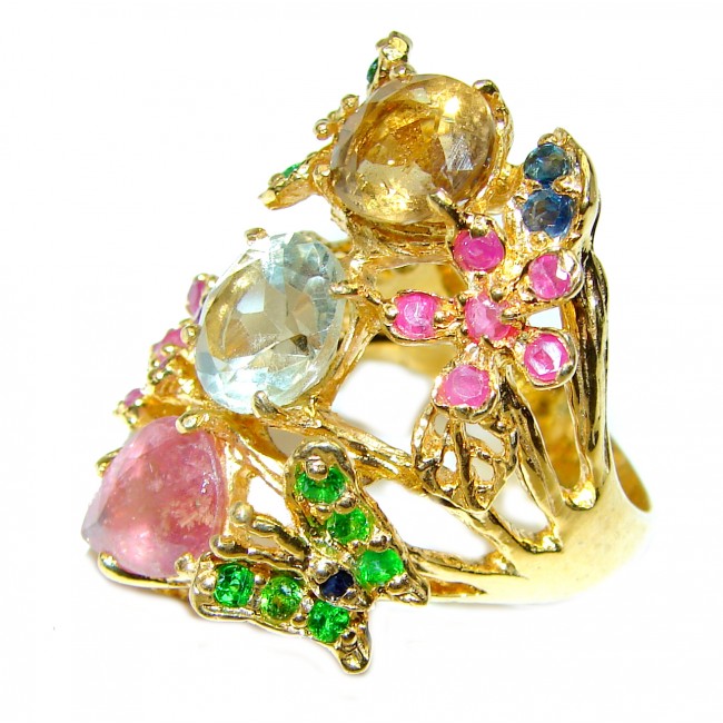 HUGE Watermelon Tourmaline 14K Gold over .925 Sterling Silver handcrafted Statement Ring size 8