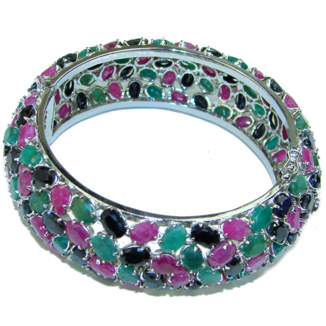 Spectacular authentic Ruby Emerald Sapphire .925 Sterling Silver handmade bangle Bracelet