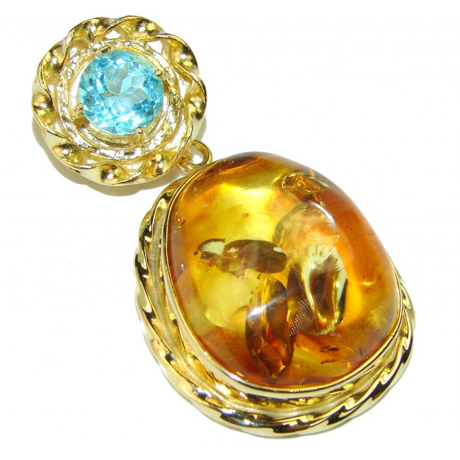 Prehistoric Golden Drop Baltic Polish Amber 18k Gold over .925 Sterling Silver handcrafted HUGE pendant