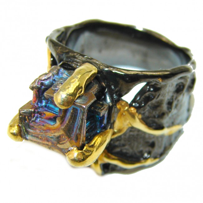 Natural Bismuth Crystal black rhodium 14K Gold over .925 Sterling Silver handmade Ring size 7 1/2