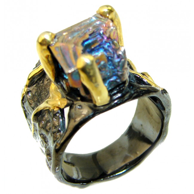 Natural Bismuth Crystal black rhodium 14K Gold over .925 Sterling Silver handmade Ring size 7 1/2