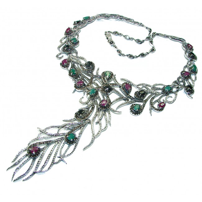 HUGE 78.6 grams Peacock Feather design genuine Ruby .925 Sterling Silver handcrafted Necklace