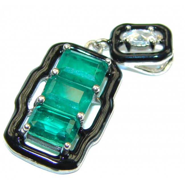 Very Unique Emerald black enamel .925 Sterling Silver handmade Pendant