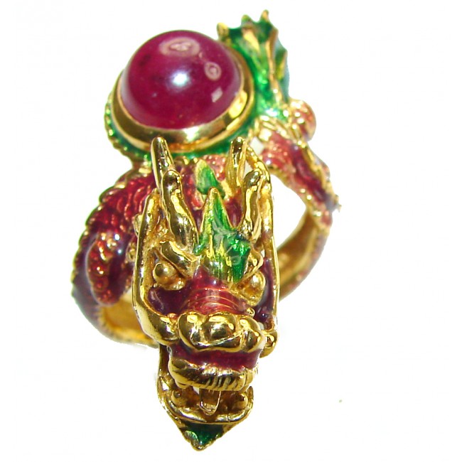 Dragon - symbolizes supernatural power- Enamel Ruby 18K Gold over .925 Sterling Silver Huge handcrafted Ring s. 8