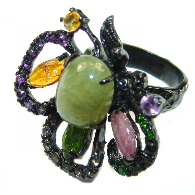 Green Brazilian Tourmaline black rhodium over .925 Sterling Silver Perfectly handcrafted Ring s. 7 1/2