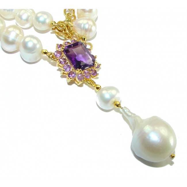 Spectacular 16 inches Long genuine Pearl Amethyst Gold over .925 Sterling Silver handcrafted Necklace