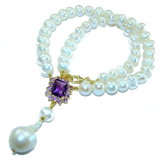 Spectacular 16 inches Long genuine Pearl Amethyst Gold over .925 Sterling Silver handcrafted Necklace