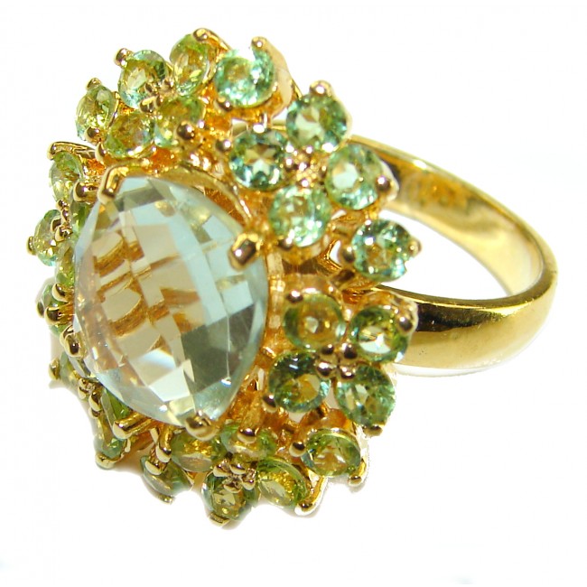 Natural Green Amethyst 14K Gold over .925 Sterling Silver handmade Cocktail Ring s. 8