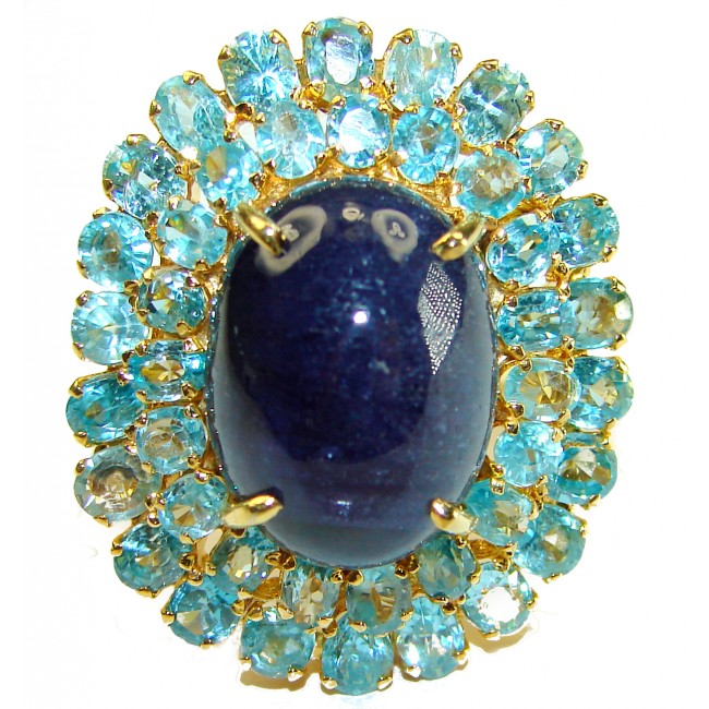 36.8 carat Swiss Blue Topaz Sapphire 14K Gold over .925 Sterling Silver handmade Large Ring size 7
